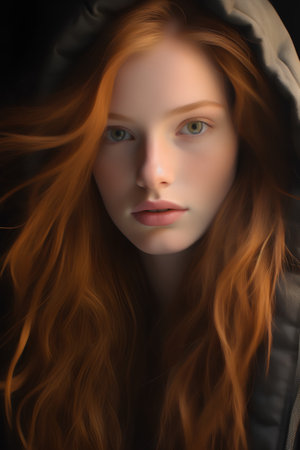 Portrait of a beautiful red-haired girl in a hood.の素材
