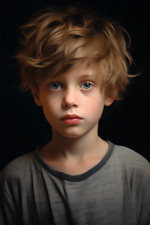 Portrait of a cute little boy on a black background. 3d rendering.の素材