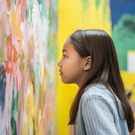 Portrait of a little girl with long hair in front of a graffiti wallの素材
