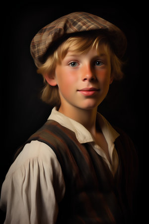 portrait of a boy in a beret on a black backgroundの素材