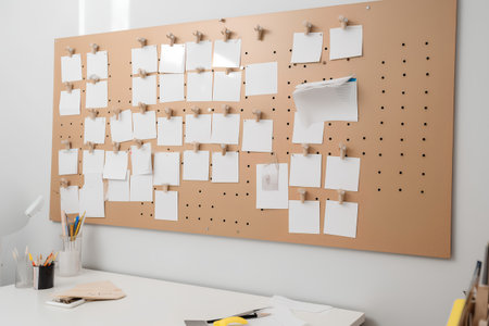 3d render of blank note papers on the wall in office.の素材