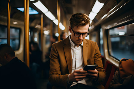 Businessman using mobile phone in subway train. Businessman using smartphone in subway car.の素材