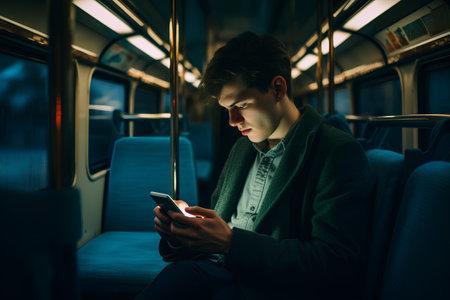 Young man using mobile phone while traveling by train. Dark background.の素材