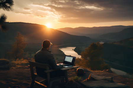 Man working on a laptop in the mountains at sunset. The concept of remote work.の素材