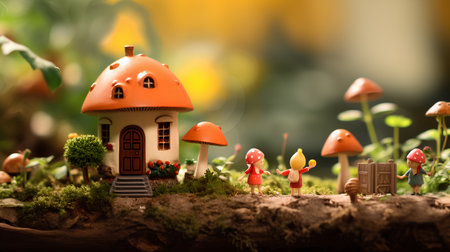 Miniature people with mushroom house on nature background. Eco concept.の素材