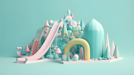 3d rendering of an abstract landscape with a rocket and a rainbowの素材