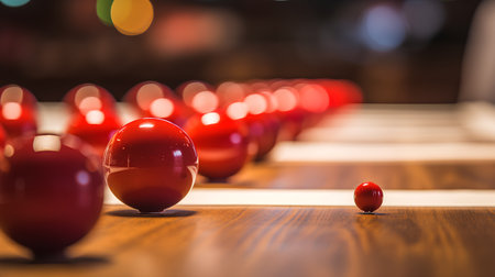 Row of red bowling pins on a wooden floor with blurred background.の素材