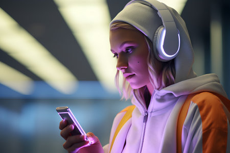 Young woman in headphones listening to music on mobile phone in the subwayの素材