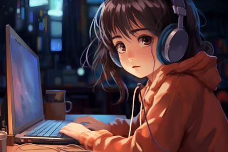 A cute girl in a hoodie with headphones is playing a game on a computer.の素材