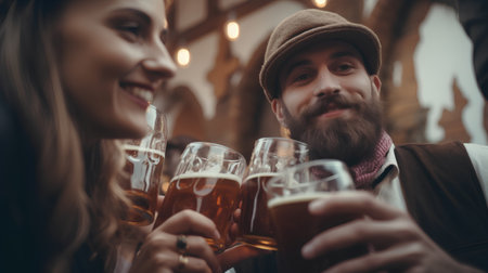 Handsome bearded man and attractive woman drinking beer in pub.の素材