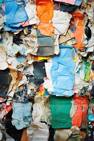 background of crumpled paper sheets, concept of recycling and environmental pollutionの素材