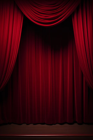 Red theater curtain with spotlight and wooden floor. Stage background. Vector illustrationの素材