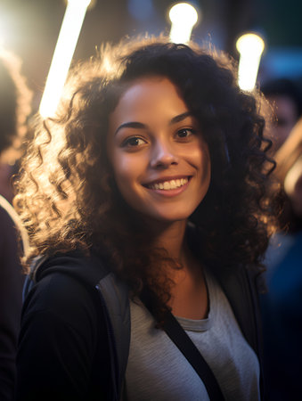 Portrait of a beautiful young african american woman with curly hair in the cityの素材
