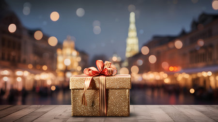 Christmas and New Year holidays background with golden gift box on wooden table with blurred bokeh lights in the cityの素材