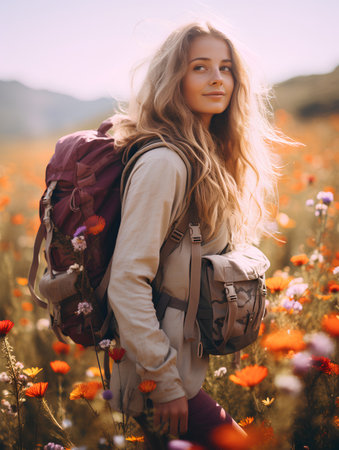 Beautiful young woman hiker with backpack on the poppy field.の素材