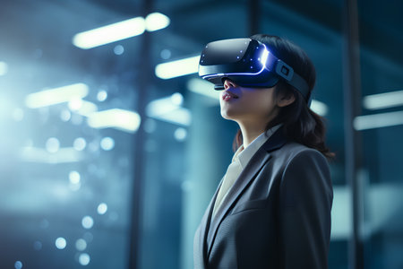 Young asian businesswoman wearing virtual reality goggles. 3d renderingの素材