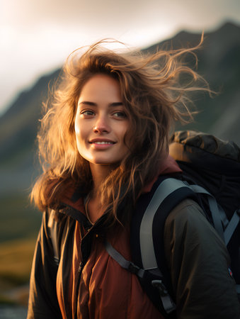 Young woman with backpack hiking in mountains at sunset. Travel and adventure concept.の素材