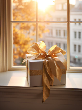 Gift box with golden bow on the windowsill. 3d renderingの素材
