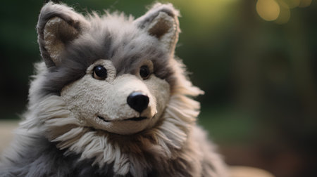 Portrait of a cute fluffy dog on a background of green treesの素材