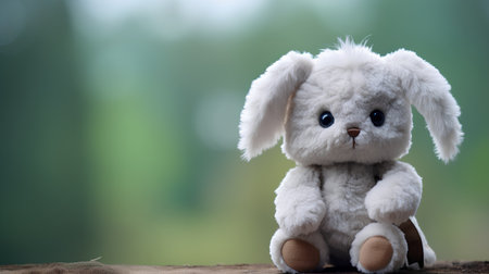 Cute little bunny sitting on the wooden table with blurred background.の素材