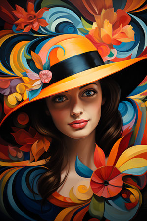 Portrait of beautiful young woman in hat with flowers. Vector illustration.の素材