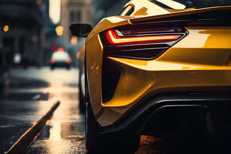 Close up of the rear lights of a yellow sports car on a rainy day.の素材