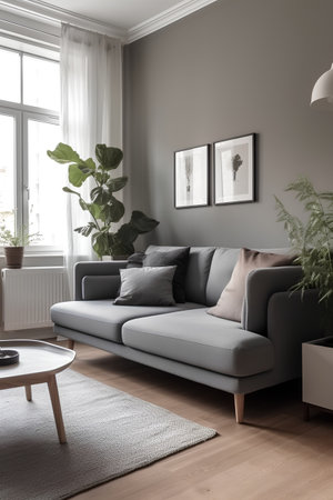 modern living room with grey sofa and plants, 3d Illustrationの素材