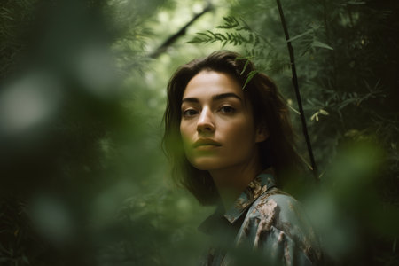 Portrait of a young woman in the forest. Selective focus.の素材