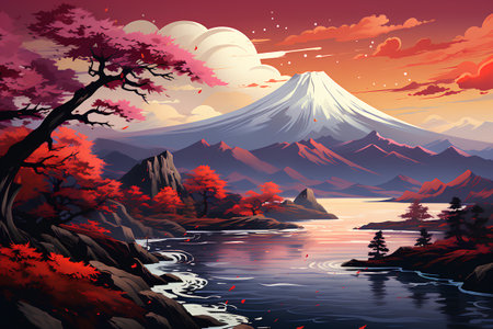 Mount Fuji and Lake Kawaguchiko, Japan, vector illustrationの素材