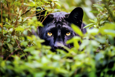 Black panther in the bushes. Wildlife scene from wild nature.の素材