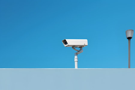 CCTV security camera on blue sky background. 3d illustration.の素材