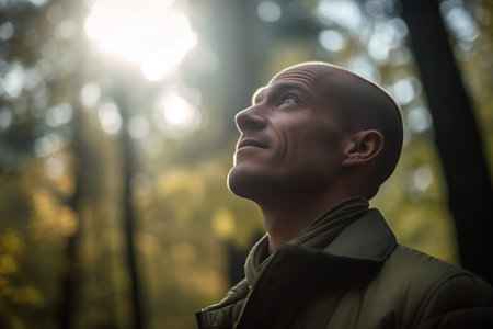 Portrait of a man in the autumn forest. Selective focus.の素材