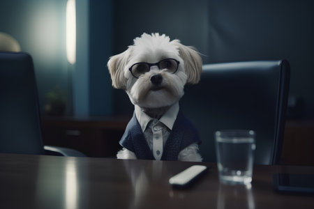 Bichon Frize dog in a business suit and tie sitting at a deskの素材