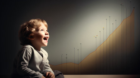 childhood, education and people concept - smiling little boy with growth chart over grey backgroundの素材