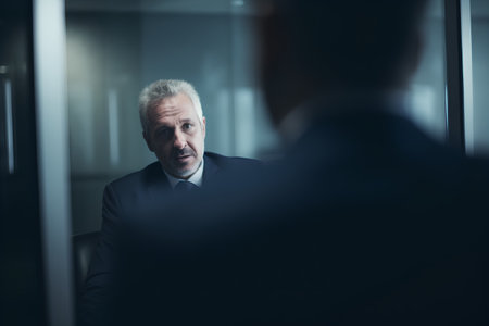 Portrait of mature businessman looking at camera while sitting in office lobbyの素材