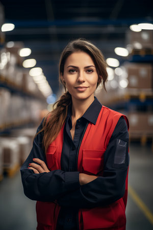 Portrait of confident female warehouse worker standing with arms crossed in warehouseの素材