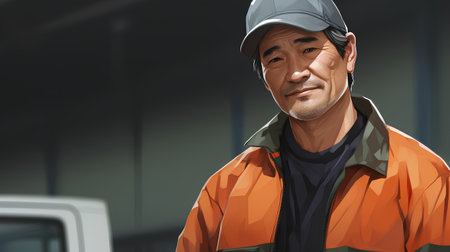 Portrait of a senior worker wearing a cap and orange jacket.の素材