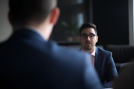 Young businessman working in office at night, sitting at desk, talking with colleague.の素材