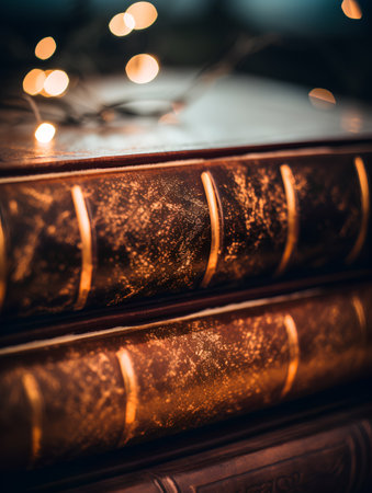 Vintage book with christmas lights on background, shallow depth of fieldの素材
