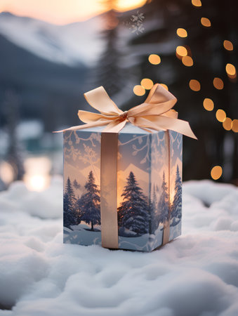 Christmas gift box in the snow with beautiful bokeh background.の素材