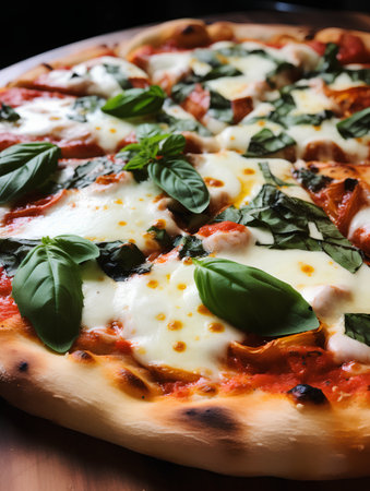 Italian pizza with mozzarella cheese and basil on a wooden tableの素材
