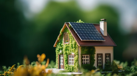 House with solar panels on the roof and flowers in the garden.の素材