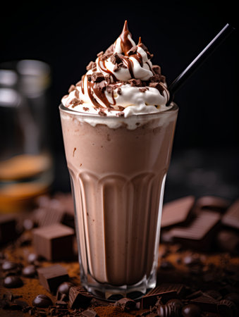Chocolate milkshake with whipped cream and chocolate chips on dark backgroundの素材