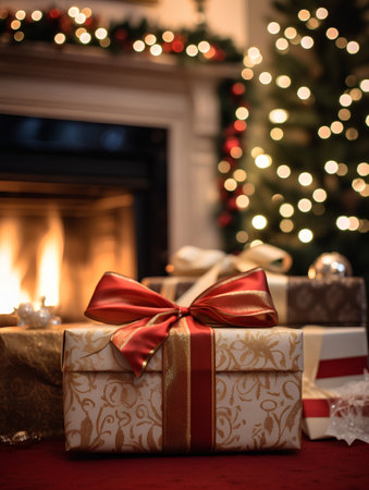 Christmas presents in front of a fireplace with christmas tree in the backgroundの素材