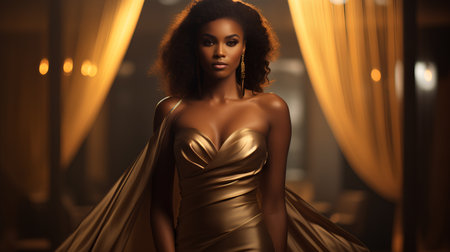 Fashion photo of beautiful african american woman in golden dressの素材