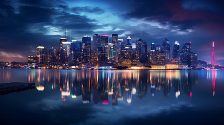 Chicago skyline at night with reflection on lake Michigan, Illinois, USAの素材