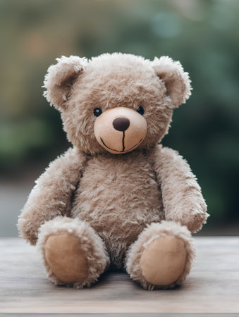 Teddy bear on wooden table with bokeh background, vintage toneの素材