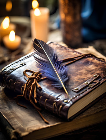 Old book with feather and candle on a wooden table in the darkの素材
