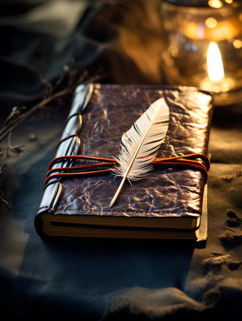 Vintage book with feather and lit candle on dark background. Shallow depth of fieldの素材