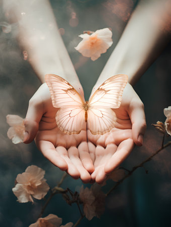 Butterfly in the hands of a girl on a background of flowersの素材